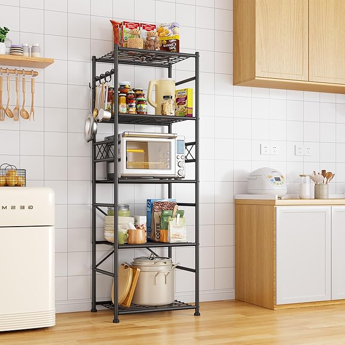 DurayLoly 5-Tier Storage Shelves,Sturdy Metal Shelving Unit with Hooks,Wobble-Free Storage Rack with Leveling Feet,Slim Standing Shelf Organizer for Garage Kitchen Pantry,17.7”W×11.8”D ×58.3”H,Black