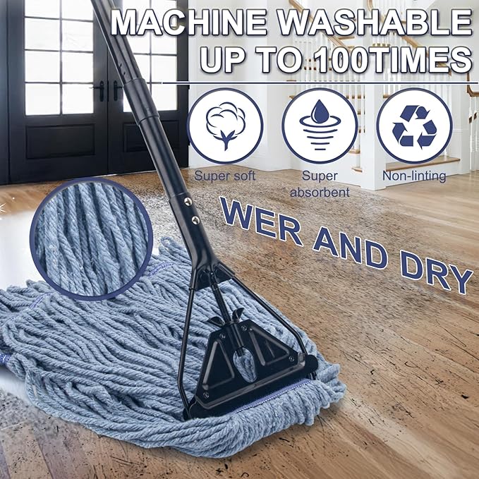 Commercial Industrial Mop for Floor Cleaning, 3 Extra Large Reusable Replacement Head with 59" Long Handle,Heavy Duty Looped-End String Wet Cotton Mop for House,Kitchen,Office,Garage,Tile Floor