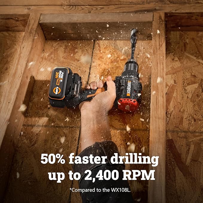 WORX Cordless Drill Driver, 20V 930 in·lbs Brushless Power Drill Driver, Powerful and Faster Drilling and Driving, Compact 6.3" length, 20V 4.0 Ah Battery and Charger Included, PowerShare