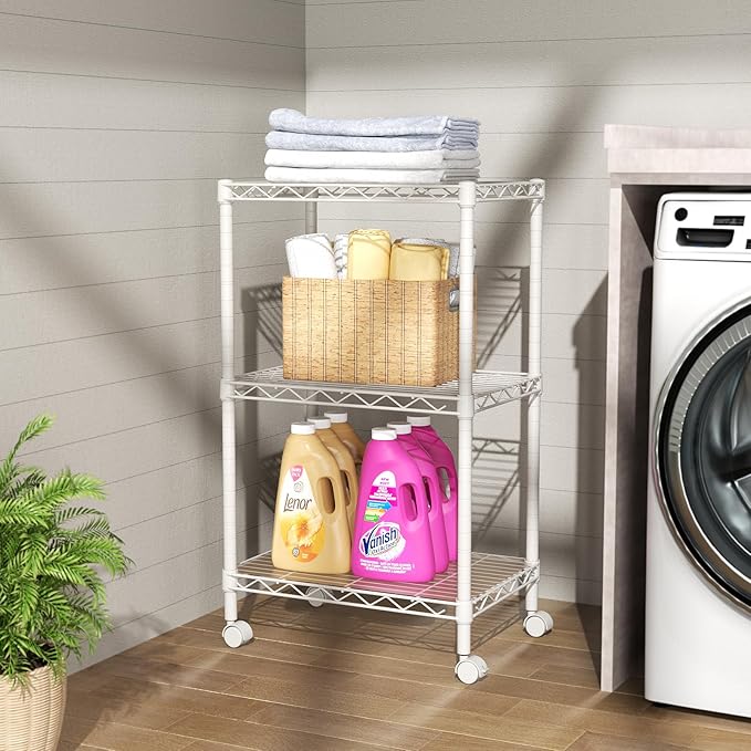 SINGAYE 3 Small Shelves Storage Shelf Wire Shelving Unit Metal Shelf Adjustable Organizers Storage Shelving with Wheels for Bathroom Laundry Room Kitchen Pantry11.5”D x 17.5”W x 30.5”H White