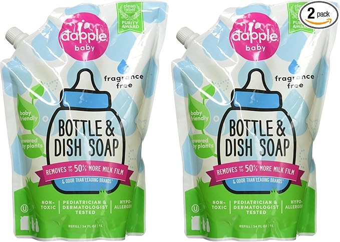 Dapple Refill Pack Baby Bottle and Dish Liquid, Fragrance Free, 33.8 Fluid Ounce (Pack of 2)