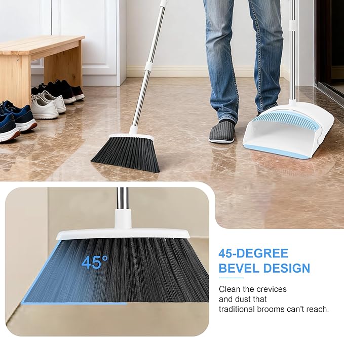 Broom with Dustpan Combo Set for Home 54-in Long Adjustable Handle Angle Broom and Dustpan Set with Dustpan Comb Teeth for Sweeping Pet Hair Food Dirt Kitchen