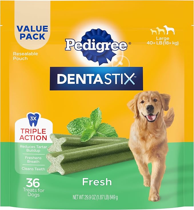 Pedigree Dentastix Large Breed Dog Treats, Fresh Flavor, 1.87 lb. Bag (36 Treats)
