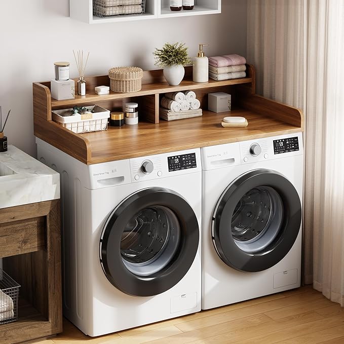 Garvee 54" Washer Dryer Countertop with 2-Tier Shelf, Wooden Laundry Countertop with Non-Slip Pad and Guard Rails, Washer and Dryer Topper for Laundry Room Organization