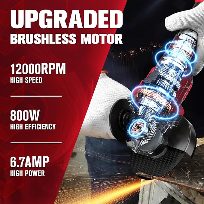 Cordless Angle Grinder 4-1/2 inch, 12000 RPM Brushless Metal Grinder Power Tools with 2x4.0Ah Battery, 3 Variable Speeds Angle Grinder with Auxiliary Handle for Cutting Grinding Polishing