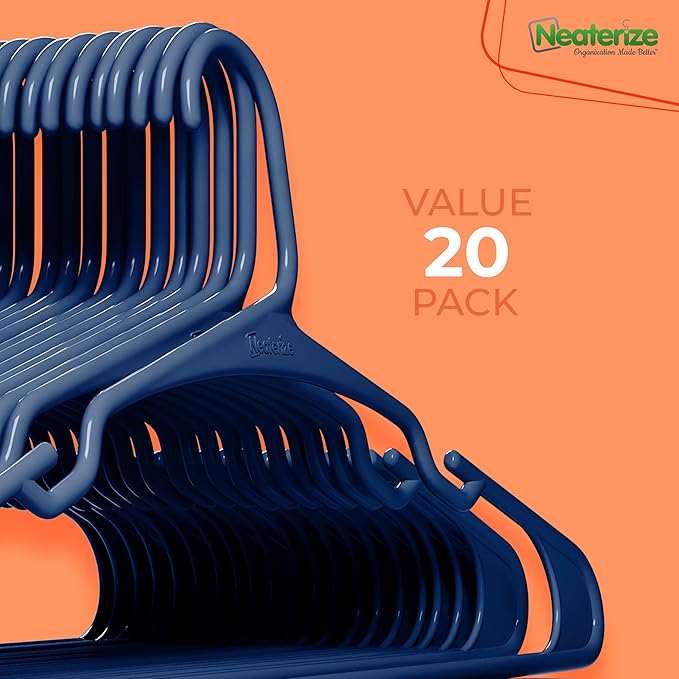 NEATERIZE Clothes Hangers Plastic 20 Pack for Adults - Plastic Hangers, The Perfect Coat Hanger and Space Saving Clothes Hangers for Closet, Percheros Ganchos para Colgar Ropa Hangars - Navy Hangers