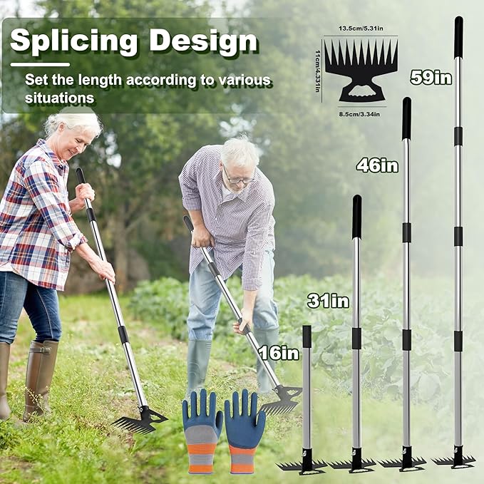 Weed Puller Tool with Long Handle, 60" Manual Weeder Remover Tool, 2 in 1 11-Tine Heavy Duty Manual Weed Rake and Garden Hoe, Weeding Tools for Yard, Lawn, Patio, Garden