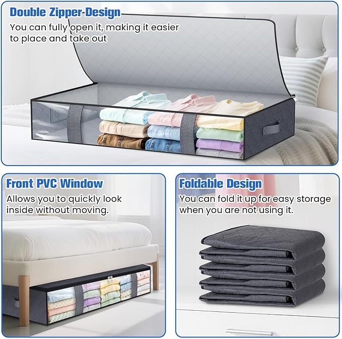 TasticTotes Under Bed Storage Containers, 6 Pack Blanket Storage Bags, Collapsible Storage Bags with Big Zippers, Clear Front, Shoe Storage and Organization for Clothes, Comforter, 90L, Grey
