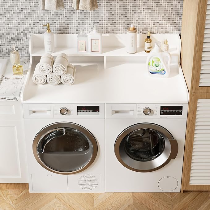 2-Tier Washer Dryer Countertop, Laundry Room Organization and Storage, 27.6" x 54" Wood Laundry Countertop for Washer and Dryer, White