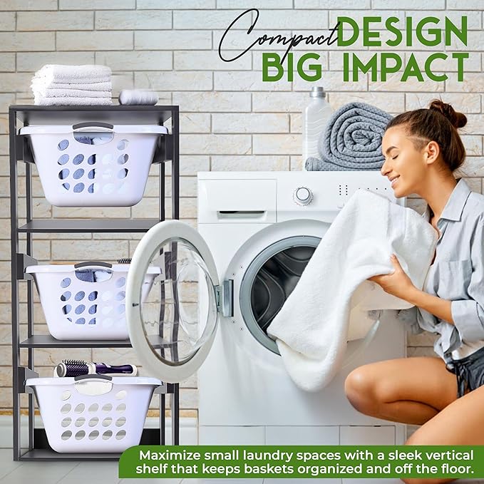 Laundry Basket Holder Shelf (3-Tier) - Stackable Engineered Wood Laundry Tower, Tiered Laundry Hamper Organizer for Bathroom, Bedroom, Laundry Room