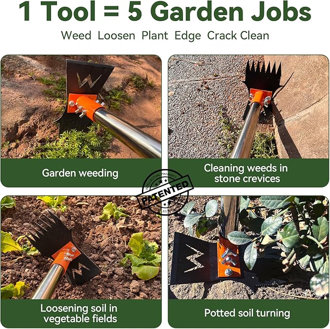 3-in-1 Weed Puller Tool Set with 60" Adjustable Long Handle, Manual Weeder Rake, Garden Hoe & Pruning Shears | Heavy Duty Stainless Steel for Vegetable Gardening, Lawn, Backyard & Farm