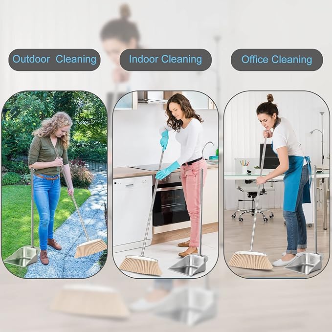 Indoor & Outdoor Brooms, VOOWO 46” Kitchen Broom with Long Handle, Heavy Duty Brooms for Home Kitchen Broom for Office, Angle Brooms for Sweeping with Stainless Steel Handle