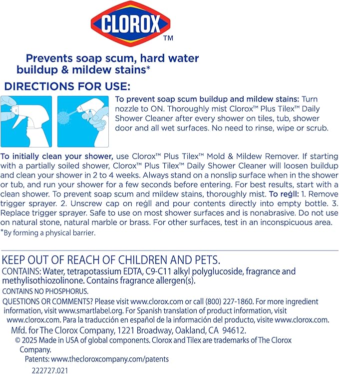 Clorox Plus Tilex Daily Shower Cleaner, 32 Fluid Ounce Spray Bottle, Pack of 3