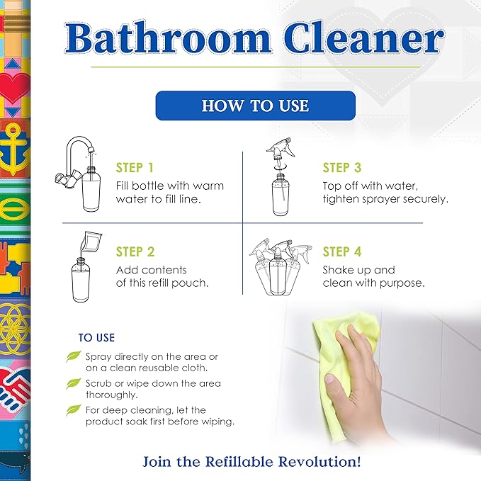 Truly Free All Natural Non-Toxic Bathroom Cleaner Spray, Organic Bath & Tile Cleaning Solution for Toilet, Sink, Tub & Shower, Refillable 2-Pack with 16oz Bottle + 2 Refill Pouches