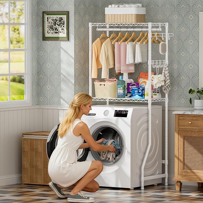 Golpart Over Washer and Dryer Shelves,2 Tier Adjustable Height Wire Shelving Laundry Room Storage Organization Clothes Drying Rack with Hanger Rod&Hooks,Space Saving Organizers Shelf,White