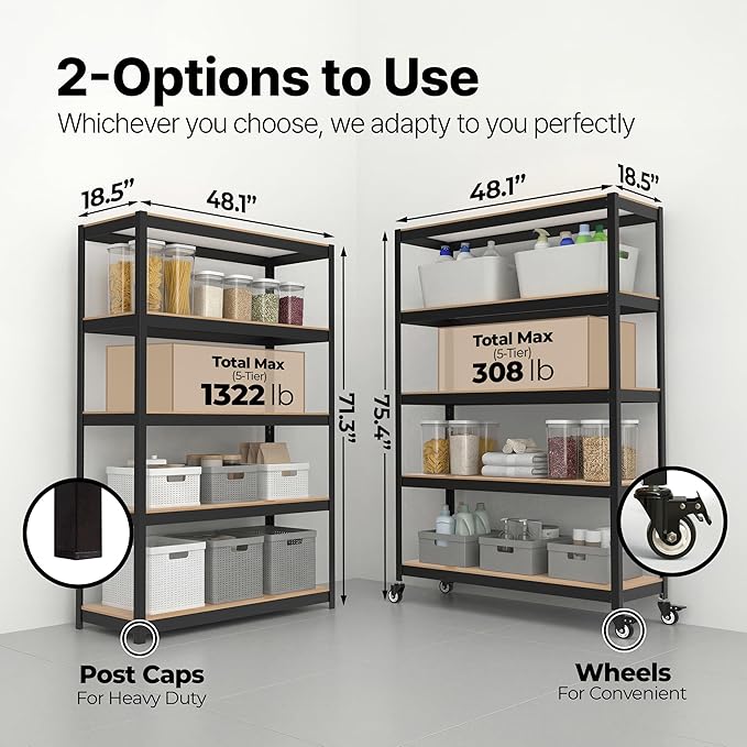 HOMEDANT House 48.1" 5-Tier Metal Rolling Cart Shelf Rack Casters Heavy Duty Laminated Wheel Shelving Unit Adjustable Utility Storage Shelves Shelf Kitchen Garage Black 2Pack