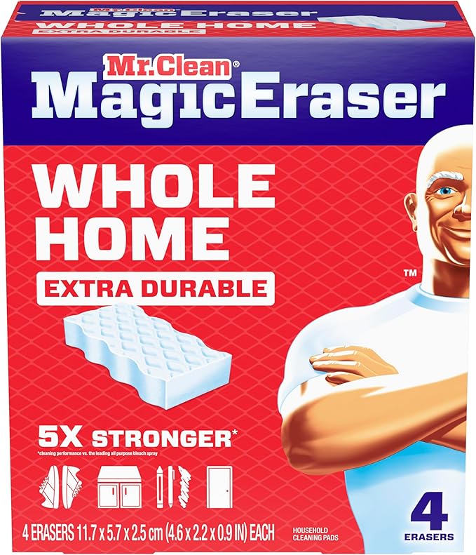 Mr. Clean Magic Eraser Sponge, All Purpose Cleaner, Cleaning Scrubber, Wall, Sneaker, Kitchen, Bathroom, Shower Cleaner, Cleaning Supplies, Melamine Sponge, Cleaning Pads, Extra Durable, 4ct