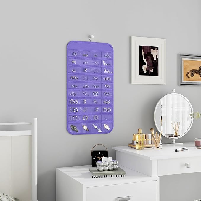 1 Pack Hanging Jewelry Organizer 80-Pocket Dual-sided Jewelry Storage for Earring Necklace Bracelet Ring Travel Holder, Purple