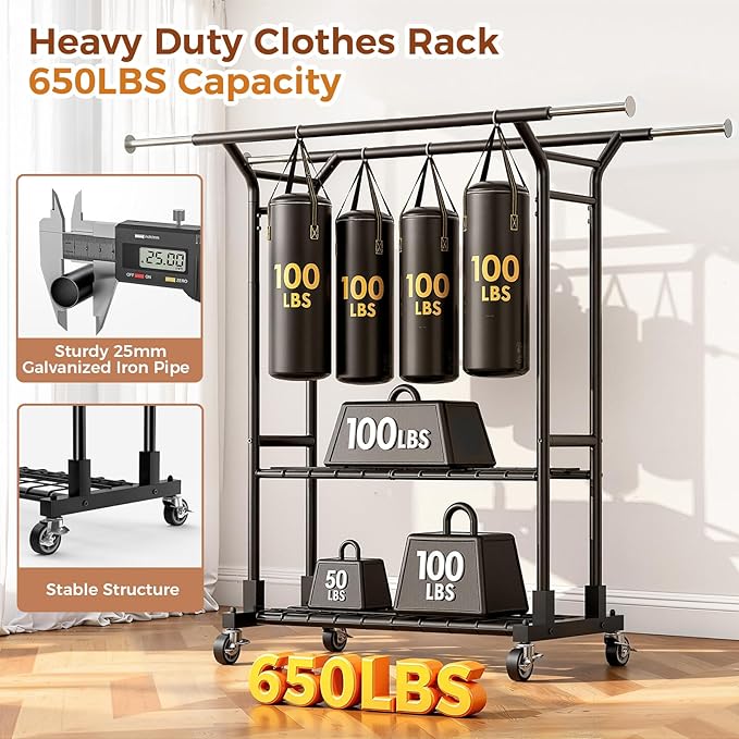 Luxspire Heavy Duty Clothes Rack Load 650 LBS, Double Rod Clothing Racks for Hanging Clothes, Rolling Garment Racks with Lockable Wheels, Shelves, Adjustable Laundry Hanging Rack, Black