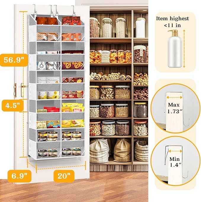Over The Door Organizer, 5-Tier Extra Large Behind Door Storage with 10 Big Front & 10 Mesh Pockets, 80lb Capacity, Hanging Storage Organizer with Clear Window Kids Toys, Shoes, Diapers, Light Grey