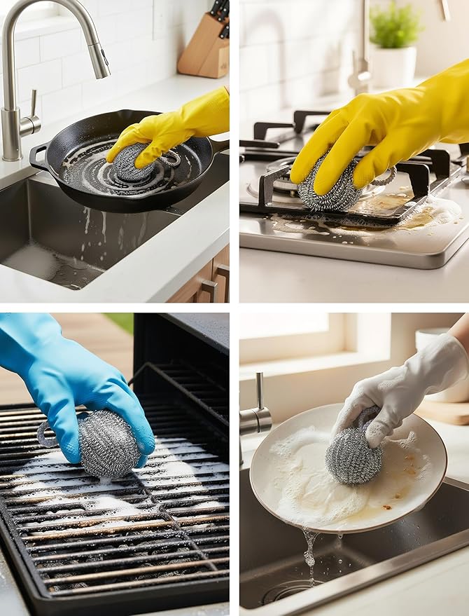 NiHome 10-Pack Steel Wool Scrubbers for Kitchen Cleaning, Stainless Steel Scourers with Hanging String, Reusable Rust-Resistant Scrubbers for Pots, Pans, Grill Racks, Sinks, Cast Iron