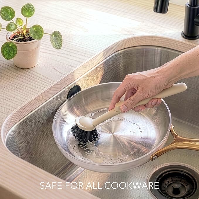 Earth & Mango Magnetic Dish Brush & Scraper, Snaps to Sink, Non-Scratch, Dishwasher Safe, Dish Scrubber – Warm Sand Beige