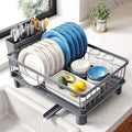 SNTD Dish Drying Rack - Small Dish Rack for Kitchen Counter, Stainless Steel Dish Drainer with Utensil Holder and Drainboard, 11" W x 15" L (Grey)