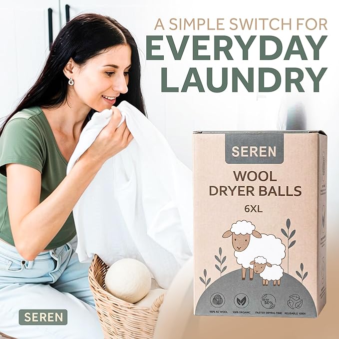 SEREN Wool Dryer Balls 6 Pack XL with Lavender Lemon Essential Oils - Organic New Zealand Wool, Natural Fabric Softener Alternative Reduces Static Wrinkles, Chemical-Free Reusable Eco-Friendly