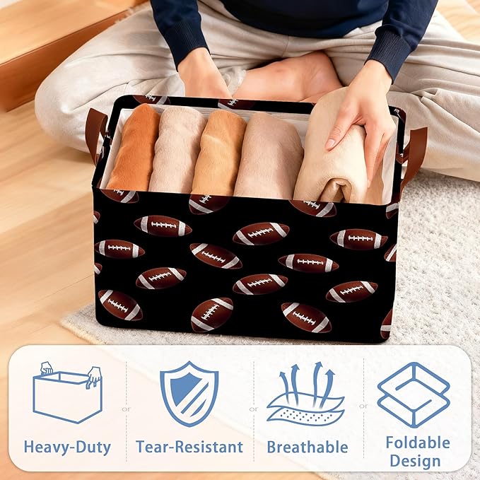 American Football Collapsible Storage Box,Organizer Bin with Handles for Room Decoration,Bins Book Basket Box 17x11.5x10Inch