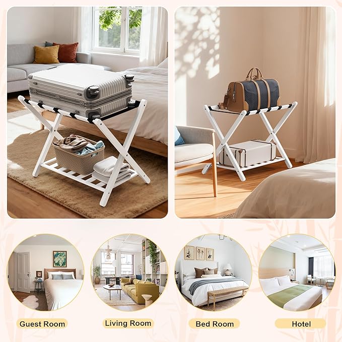 26.77"L Luggage Rack, White Luggage Rack for Guest Room, Bamboo Folding Suitcase Stand with Storage Shelf, 5 Nylon Straps, Heavy Duty Luggage Holder for Bedroom Hotel, 1 Pack, Gift Box Packaging