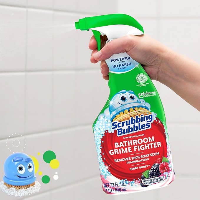 Scrubbing Bubbles Bathroom and Shower Cleaner Spray, Foaming Action Bathroom Grime Fighter Removing Soap Scum, Berry Burst Scent, 32oz (Pack of 2)