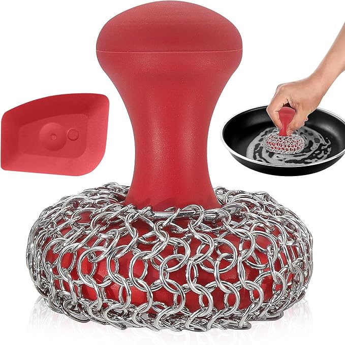 316L Chainmail Scrubber + Pan Scraper + Long Handles - 316 Cast Iron Cleaner - Skillet Cleaner - Chain Mail Scrubber for Cast Iron Pans