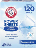 ARM & HAMMER Power Sheets Laundry Detergent, Fragrance Free, No Dyes or Perfumes, Lightweight and Travel-Friendly, 60 Count, Up to 120 Small Loads