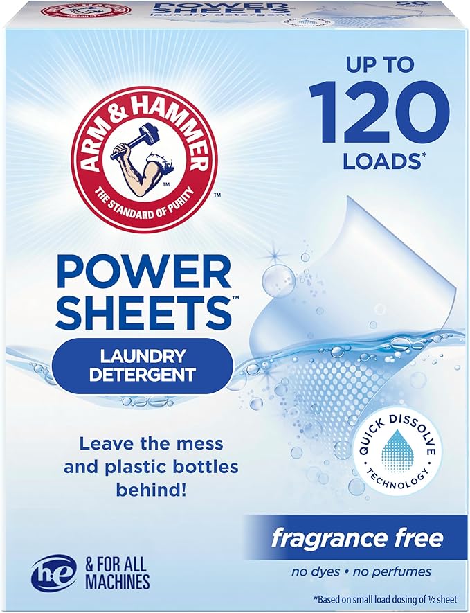 ARM & HAMMER Power Sheets Laundry Detergent, Fragrance Free, No Dyes or Perfumes, Lightweight and Travel-Friendly, 60 Count, Up to 120 Small Loads