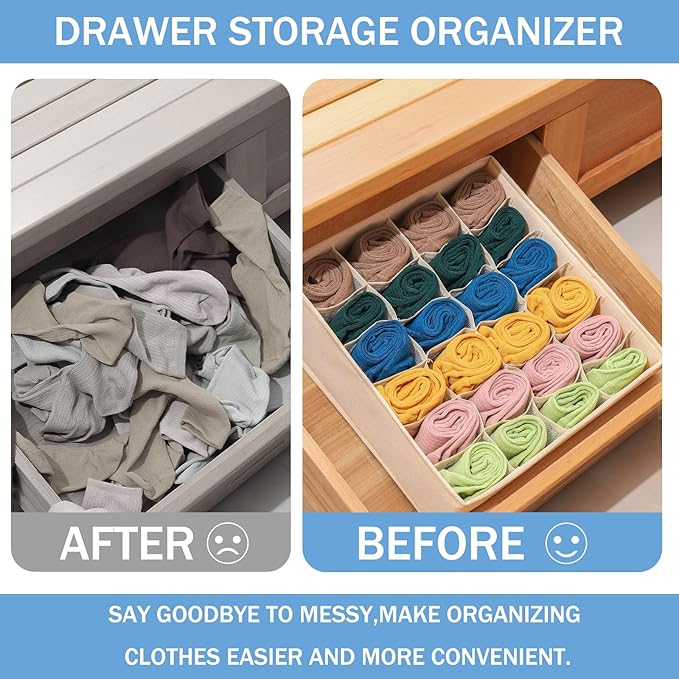 Foldable Storage Cubes Drawer Underwear Organizer Dividers， under Cabinet Organizer 24-Cell Fabric Storage Boxes for Lingerie,Socks,Ties（Creamy-White）