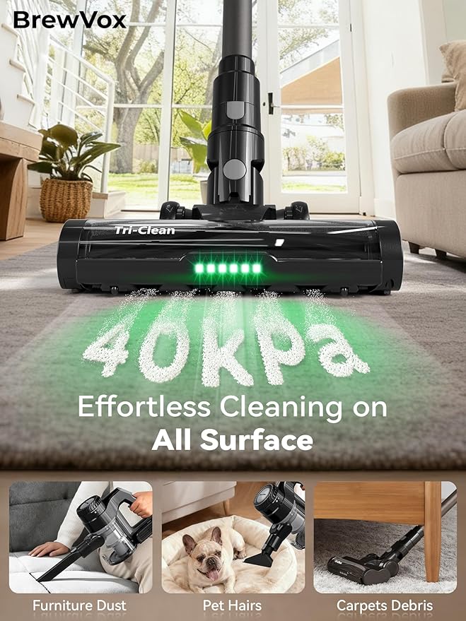 BrewVox Telescopic Cordless Stick Vacuum Cleaner for Home & Pet Hair, 25W Motorized Tri-Clean Brush, 40kPa Powerful Suction, 450W Motor, 65 Min Runtime, 2.5H Quick Rechargeable for Carpets, All Floors
