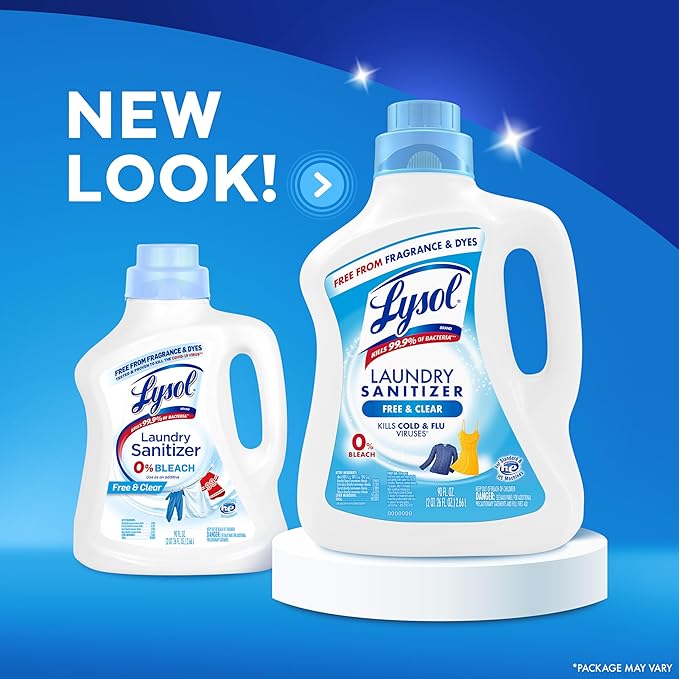 Lysol Laundry Sanitizer Additive, Free & Clear, Free from Fragrance and Dyes, 0% Bleach Laundry Sanitizer, Bacteria-causing Laundry Odor Eliminator, Unscented, 90 Fl Oz (Pack of 1) - Package May Vary