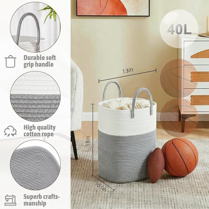 Laundry Basket,Woven Cotton Rope Laundry Hamper,Versatile Storage for Dirty Clothes,Baby Toys,and Blankets in Bathroom, Nursery,and Living Room (Grey, 40L)