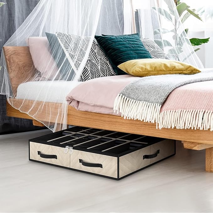 Under Bed Shoe Storage, Set of 2, Sturdy Sidewalls, Adjustable Dividers, Reinforced Handle, Sturdy Zipper, Bottom with Panel Structure, Beige