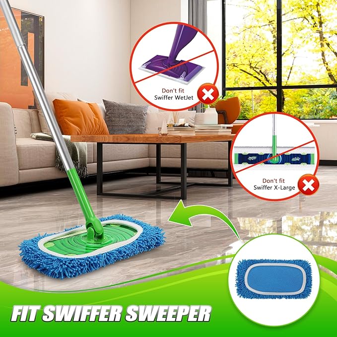 Set of 4 Reusable Microfiber Mop Pads Compatible with Swiffer Sweeper, Dry Sweeping Cloths, Washable Wet Mopping Cloth Refills for Floor Cleaning (Mop is Not Included) (4 Pack, Blue)