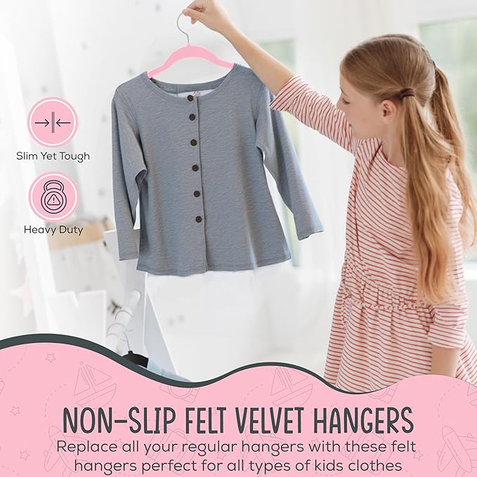 TechZoo 25 Premium Kids Velvet Hangers - 14" Non-Slip Clothes Hangers for Kids & Preteens - Ultra Slim, Space-Saving, Strong & Durable Hangers with 360° Swivel Hook - Pink