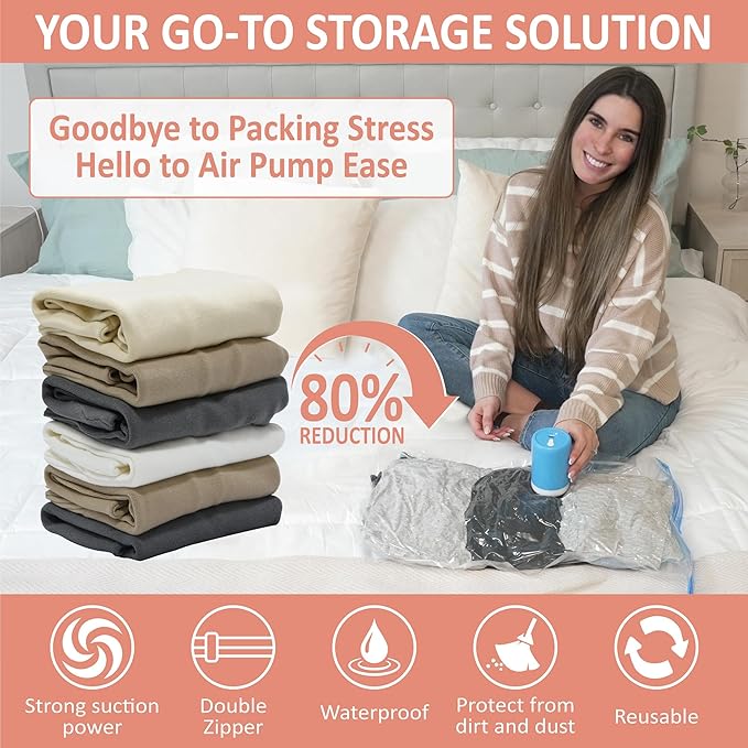 Cozy Essential Travel Vacuum Storage Bags with Rechargeable Cordless USB Pump for Luggage, Suitcase, Carry-on Size Vacuum Seal Compression Space Saver Bags for Clothes and Clothing, 16 Combo