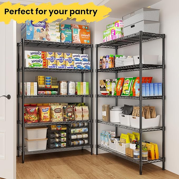 45" W Storage Shelves 5 Tier Wire Shelving, Adjustable Metal Shelving Unit with Shelf Liners, 1875LBS Heavy Duty Storage Rack for Garage Pantry Kitchen Commercial, 45" W x 16" D x 72" H, Black