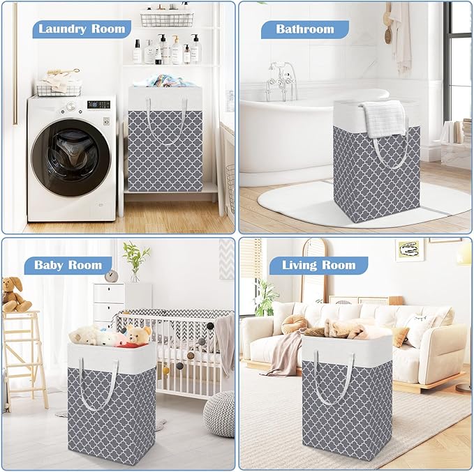 BlissTotes 3-Pack Laundry Basket, Freestanding＆Waterproof Laundry Hamper, Collapsible Tall Clothes Hamper with Easy Carry Handles for Clothes, Towels in the Family and Dorm,Clover Grey,100L