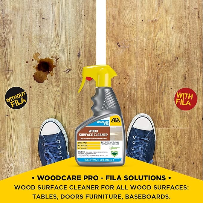 FILA Surface Care Solutions, WOODCARE PRO, Wood Cleaner for All Wood Floors and Surfaces, Suitable as Wood Floor Cleaner Spray, Wood Furniture Cleaner, Dries Fast, Does not Damage Wood Kitchen, 24oz