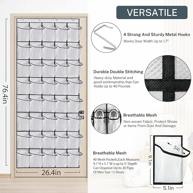 40-Pocket Over the Door Shoe Organizer - Large Mesh Pocket Hanging Shoe Organizer,Behind the Door Shoes Storage Holder Hanger (Coffee color)