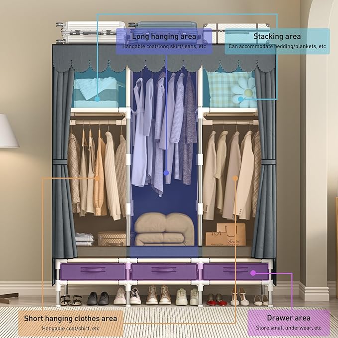 Portable Armoire Wardrobe Closet with 3 Drawers and 3 Hanging Rods,Cloth Closet Wardrobe Cabinet for Hanging Clothes,Grey Cover,for Clothing,Bedding,51 in Width