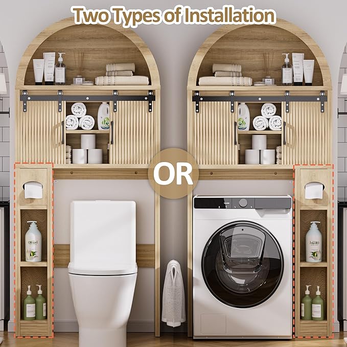 Spurgehom Over The Toilet Storage Cabinet, Bathroom Shelf Organizer Freestanding, Bathroom Arch Cabinet Over Toilet with Toilet Paper Holder and Anti-Tipping Device (Two Sliding Door-Wood)