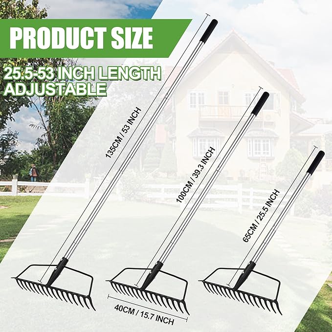 Garden Rake, Metal Sturdy and Heavy Duty Metal Rake, 16-Tine Bow Rake with Adjustable Stainless Steel Handle, Long Shaft for Loosening Soil, Leveling Mulch, Gathering Leaves