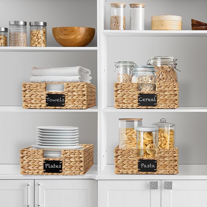 Casafield Set of 4 Water Hyacinth Pantry Baskets, 12-1/2" x 17" x 5", with Chalkboard Labels and Chalk Marker - Natural, Woven Storage Bin Organizers for Kitchen Shelves